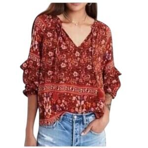 American Eagle Floral Boho Ruffle Sleeve Festival Blouse XS Fall Blossoms